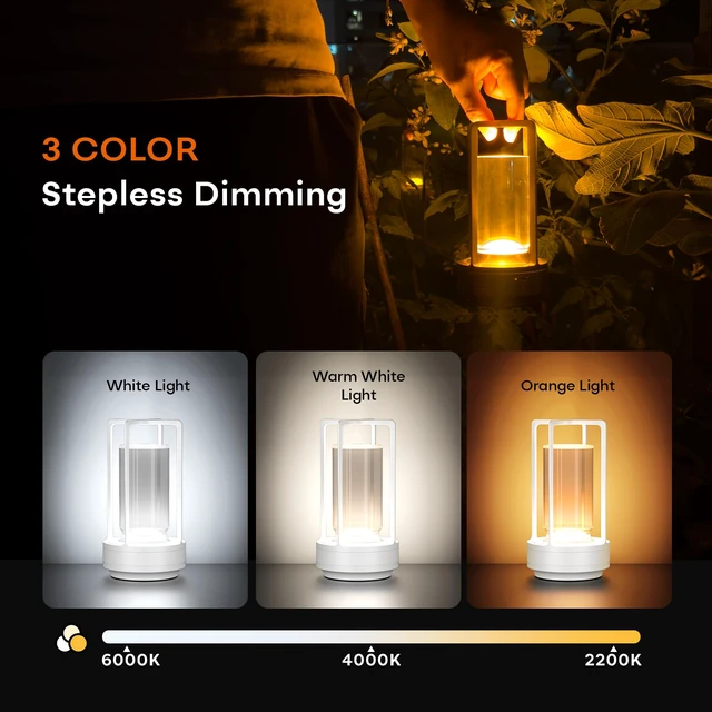 Alt view image 3 of 7 - Rechargeable Cordless Small Metal Table Lamp, Stepless Dimming, 3-Color White2600mAh Battery, Portable LED Desk Light, Cute, Suitable for Indoor/Outdoor/Restaurant/Bedroom/Bar/Coffee/Camping