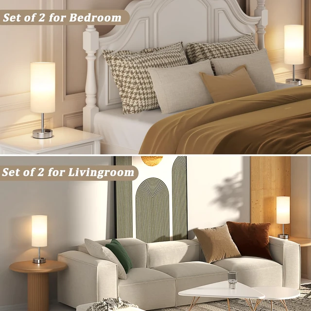 Alt view image 2 of 7 - Touch Table Lamp for Bedroom Set of 2 - Small Desk Lamp for Dorm USB A+C Ports, 3-Way Dimmable, LED Bulb Included, White Linen-Texture Shade, Silver Metal Base, 2-Pack 14" Night Stand Lamp