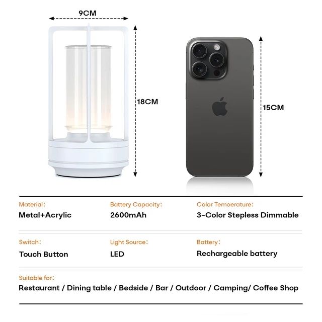 Alt view image 7 of 7 - Rechargeable Cordless Small Metal Table Lamp, Stepless Dimming, 3-Color White2600mAh Battery, Portable LED Desk Light, Cute, Suitable for Indoor/Outdoor/Restaurant/Bedroom/Bar/Coffee/Camping
