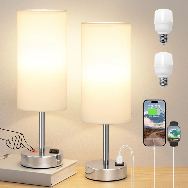 Main image of Touch Table Lamp for Bedroom Set of 2 - Small Desk Lamp for Dorm USB A+C Ports, 3-Way Dimmable, LED Bulb Included, White Linen-Texture Shade, Silver Metal Base, 2-Pack 14" Night Stand Lamp