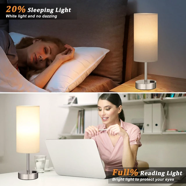 Alt view image 3 of 7 - Touch Table Lamp for Bedroom Set of 2 - Small Desk Lamp for Dorm USB A+C Ports, 3-Way Dimmable, LED Bulb Included, White Linen-Texture Shade, Silver Metal Base, 2-Pack 14" Night Stand Lamp