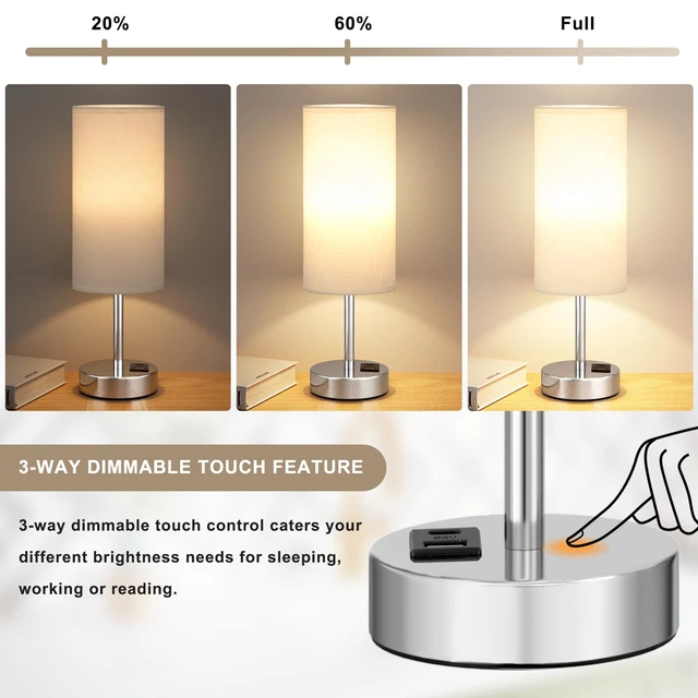 Alt view image 4 of 7 - Touch Table Lamp for Bedroom Set of 2 - Small Desk Lamp for Dorm USB A+C Ports, 3-Way Dimmable, LED Bulb Included, White Linen-Texture Shade, Silver Metal Base, 2-Pack 14" Night Stand Lamp