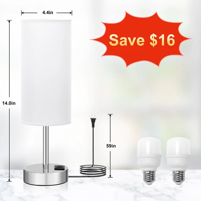 Alt view image 6 of 7 - Touch Table Lamp for Bedroom Set of 2 - Small Desk Lamp for Dorm USB A+C Ports, 3-Way Dimmable, LED Bulb Included, White Linen-Texture Shade, Silver Metal Base, 2-Pack 14" Night Stand Lamp