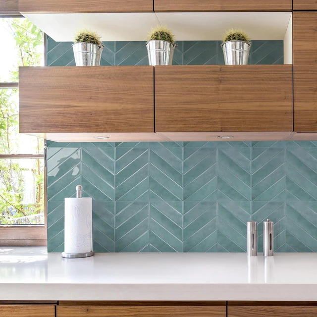 Alt view image 3 of 7 - Herringbone Peel and Stick Backsplash, Blue Teal, 10 Sheets 12.6 x 9.7 in, Thicker Rectangular Vinyl Stick-On Wall Tiles, Easy Alignment, Waterproof, Easy to Clean, Kitchen/Bathroom