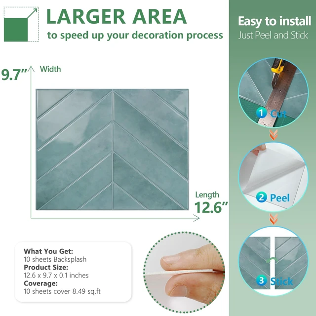 Alt view image 7 of 7 - Herringbone Peel and Stick Backsplash, Blue Teal, 10 Sheets 12.6 x 9.7 in, Thicker Rectangular Vinyl Stick-On Wall Tiles, Easy Alignment, Waterproof, Easy to Clean, Kitchen/Bathroom