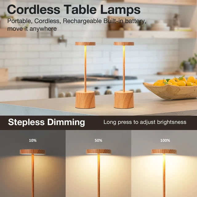 Alt view image 2 of 7 - Wooden Rechargeable Cordless Lamp - Touch Control, 3 Color Temperature, LED Outdoor Wireless Lamp, Battery Operated Lamps, Stepless Dimmable, Set of 2