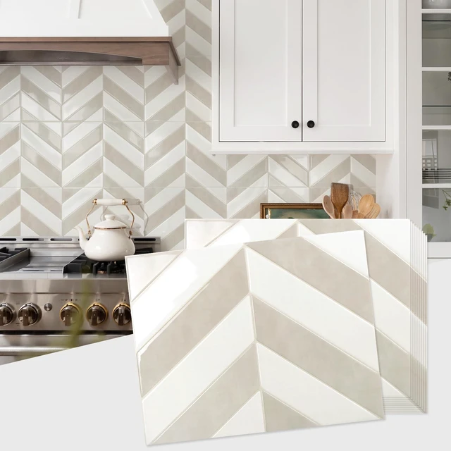 Main image of Herringbone Peel and Stick Backsplash, White & Beige, 10 Sheets 12.6 x 9.7 in, Thicker Rectangular Vinyl Stick-On Wall Tiles, Easy Alignment, Waterproof, Easy to Clean, Kitchen/Bathroom
