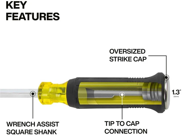 Alt view image 2 of 5 - 6004DD 1/4-Inch Keystone Demolition Screwdriver, Steel Tip-to-Cap Construction Demo Screwdriver, Cushion-Grip Handle, Oversized Strike Cap, Square Shank with Wrench Assist
