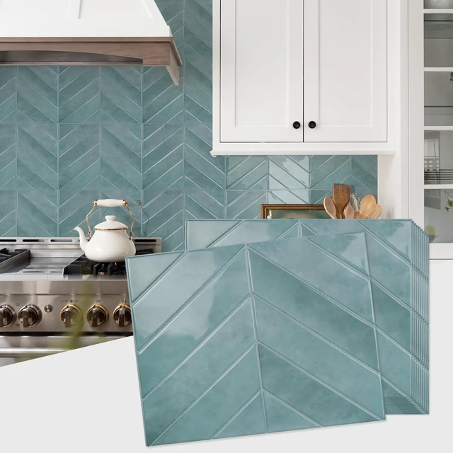 Main image of Herringbone Peel and Stick Backsplash, Blue Teal, 10 Sheets 12.6 x 9.7 in, Thicker Rectangular Vinyl Stick-On Wall Tiles, Easy Alignment, Waterproof, Easy to Clean, Kitchen/Bathroom