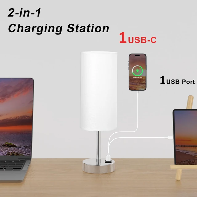 Alt view image 5 of 7 - Touch Table Lamp for Bedroom Set of 2 - Small Desk Lamp for Dorm USB A+C Ports, 3-Way Dimmable, LED Bulb Included, White Linen-Texture Shade, Silver Metal Base, 2-Pack 14" Night Stand Lamp