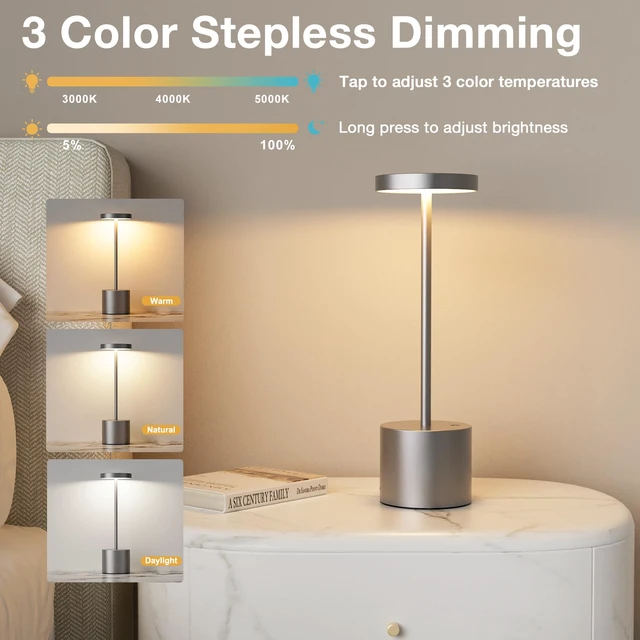 Alt view image 4 of 7 - Grey Rechargeable Cordless Lamp - Touch Control, 3 Color Temperature, Wireless Battery Operated Lamps, Stepless Dimmable, Set of 2
