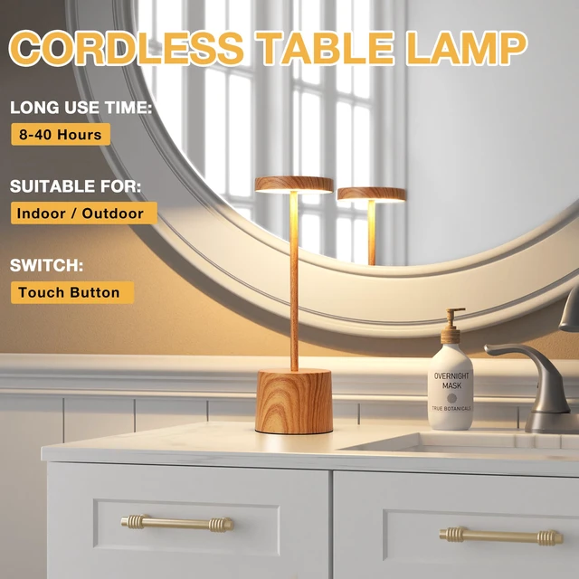 Alt view image 7 of 7 - Wooden Rechargeable Cordless Lamp - Touch Control, 3 Color Temperature, LED Outdoor Wireless Lamp, Battery Operated Lamps, Stepless Dimmable, Set of 2