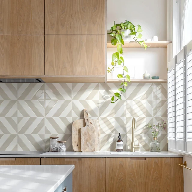 Alt view image 3 of 7 - Herringbone Peel and Stick Backsplash, White & Beige, 10 Sheets 12.6 x 9.7 in, Thicker Rectangular Vinyl Stick-On Wall Tiles, Easy Alignment, Waterproof, Easy to Clean, Kitchen/Bathroom