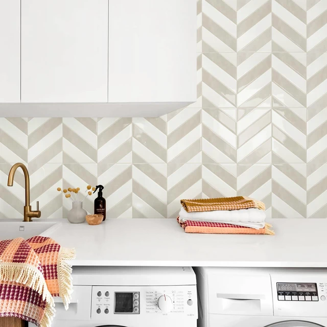 Alt view image 4 of 7 - Herringbone Peel and Stick Backsplash, White & Beige, 10 Sheets 12.6 x 9.7 in, Thicker Rectangular Vinyl Stick-On Wall Tiles, Easy Alignment, Waterproof, Easy to Clean, Kitchen/Bathroom