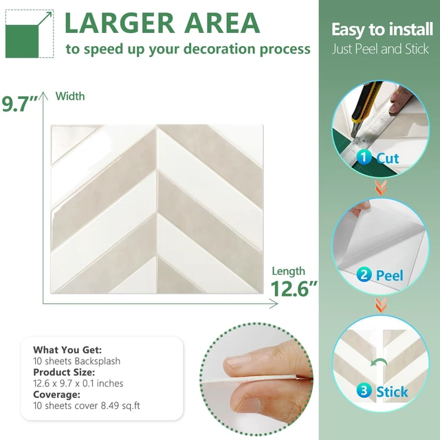 Alt view image 6 of 7 - Herringbone Peel and Stick Backsplash, White & Beige, 10 Sheets 12.6 x 9.7 in, Thicker Rectangular Vinyl Stick-On Wall Tiles, Easy Alignment, Waterproof, Easy to Clean, Kitchen/Bathroom