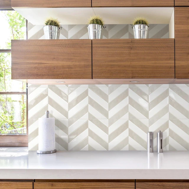 Alt view image 7 of 7 - Herringbone Peel and Stick Backsplash, White & Beige, 10 Sheets 12.6 x 9.7 in, Thicker Rectangular Vinyl Stick-On Wall Tiles, Easy Alignment, Waterproof, Easy to Clean, Kitchen/Bathroom