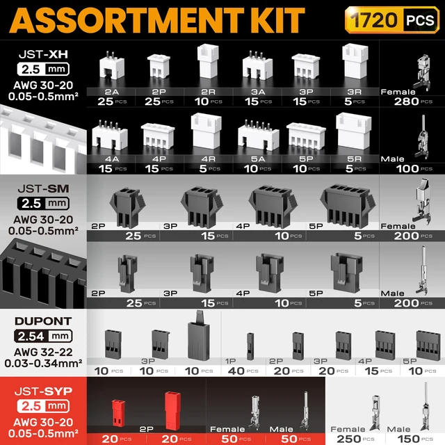 Alt view image 4 of 7 - Crimping Tool Connector Kit, 37 Types JST-XH/SM/SYP 2.5mm & Dupont 2.54mm Connectors, 32-20 AWG Ratchet Crimper for JST & Dupont - Assortment for DIY Electronics, RC Models, and 3D Printing