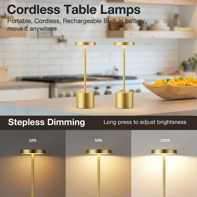Alt view image 2 of 5 - Cordless Rechargeable Table Lamp, 4000mAh Battery Operated, Light Gold, 2 Wireless LED Light, 3 Color Modes, Stepless Dimming, for Dining Room, Bedroom, Bar, Cafe, Restaurant, Outdoor Patio, Camping