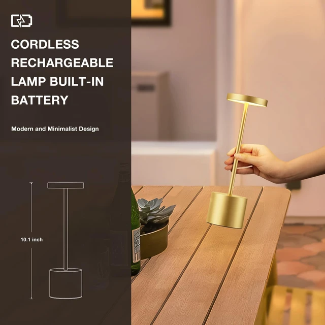 Alt view image 3 of 5 - Cordless Rechargeable Table Lamp, 4000mAh Battery Operated, Light Gold, 2 Wireless LED Light, 3 Color Modes, Stepless Dimming, for Dining Room, Bedroom, Bar, Cafe, Restaurant, Outdoor Patio, Camping