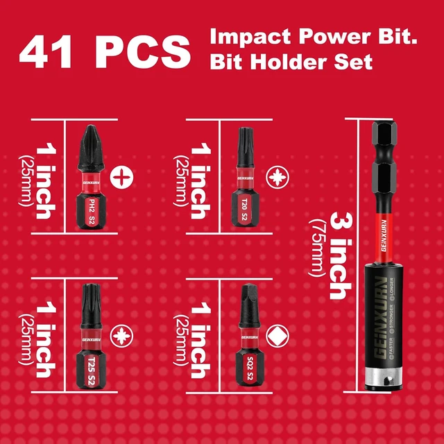 Alt view image 4 of 7 - Impact Tough Phillips Square Torx 1 in. Insert Driver Bits, 41Pack T20/T25/PH2/SQ2 Screwdriver Power Bits Set with 1Pcs Impact Bit Holder