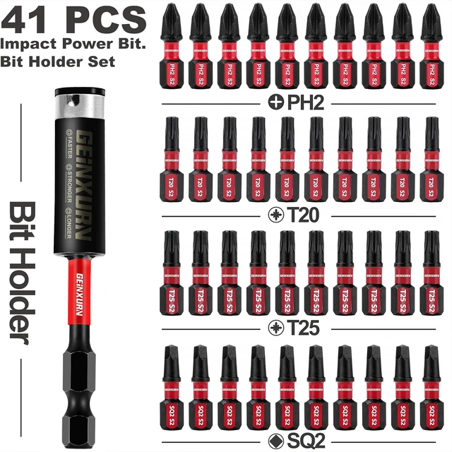 Alt view image 2 of 7 - Impact Tough Phillips Square Torx 1 in. Insert Driver Bits, 41Pack T20/T25/PH2/SQ2 Screwdriver Power Bits Set with 1Pcs Impact Bit Holder
