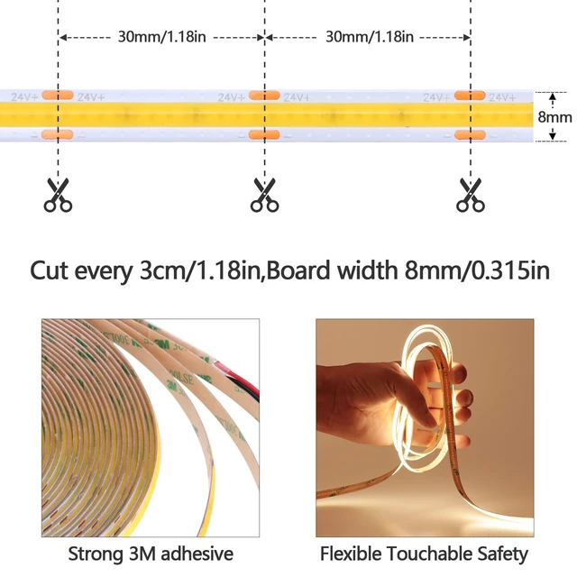Alt view image 2 of 7 - 49.2ft/15M 24V COB LED Strip Light Warm White 3000K 5760LEDs 11000lm CRI 93+ Uniform Glow IP20 Not Waterproof Flexible LED Tape Lights for DIY Bedroom Home Decor(Power Supply not Included)