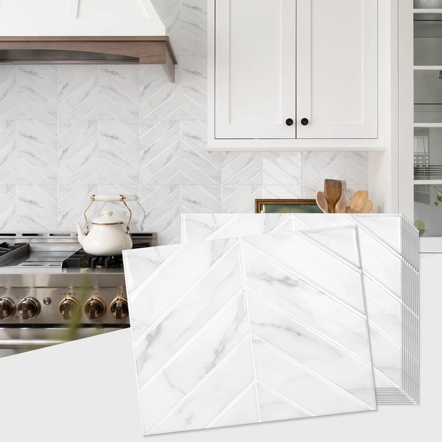 Main image of Herringbone Peel and Stick Backsplash, White Marble, 10 Sheets 12.6 x 9.7 in, Thicker Rectangular Vinyl Stick-On Wall Tiles, Easy Alignment, Waterproof, Easy to Clean, Kitchen/Bathroom