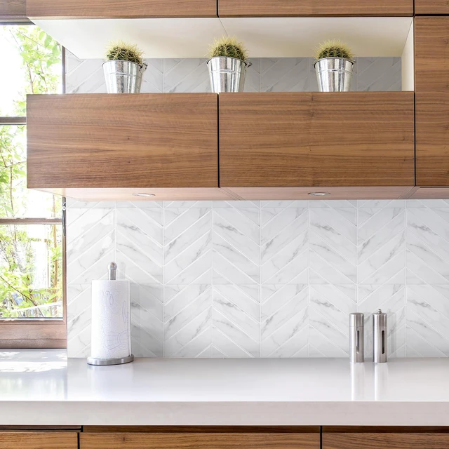 Alt view image 3 of 7 - Herringbone Peel and Stick Backsplash, White Marble, 10 Sheets 12.6 x 9.7 in, Thicker Rectangular Vinyl Stick-On Wall Tiles, Easy Alignment, Waterproof, Easy to Clean, Kitchen/Bathroom
