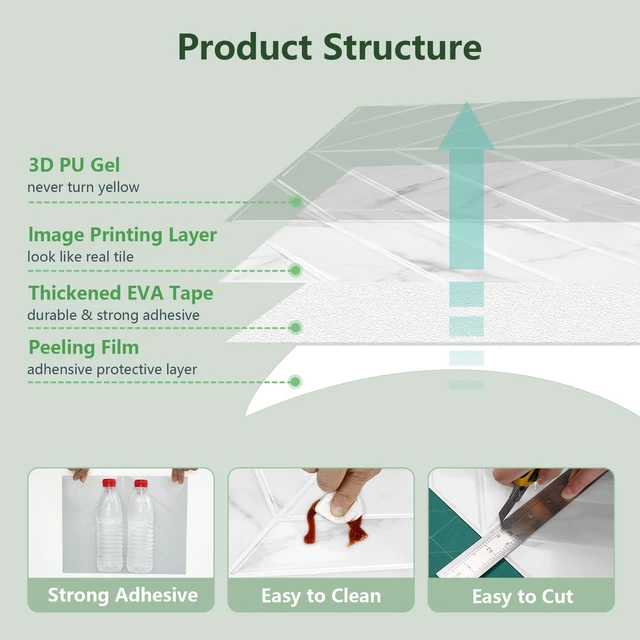Alt view image 5 of 7 - Herringbone Peel and Stick Backsplash, White Marble, 10 Sheets 12.6 x 9.7 in, Thicker Rectangular Vinyl Stick-On Wall Tiles, Easy Alignment, Waterproof, Easy to Clean, Kitchen/Bathroom