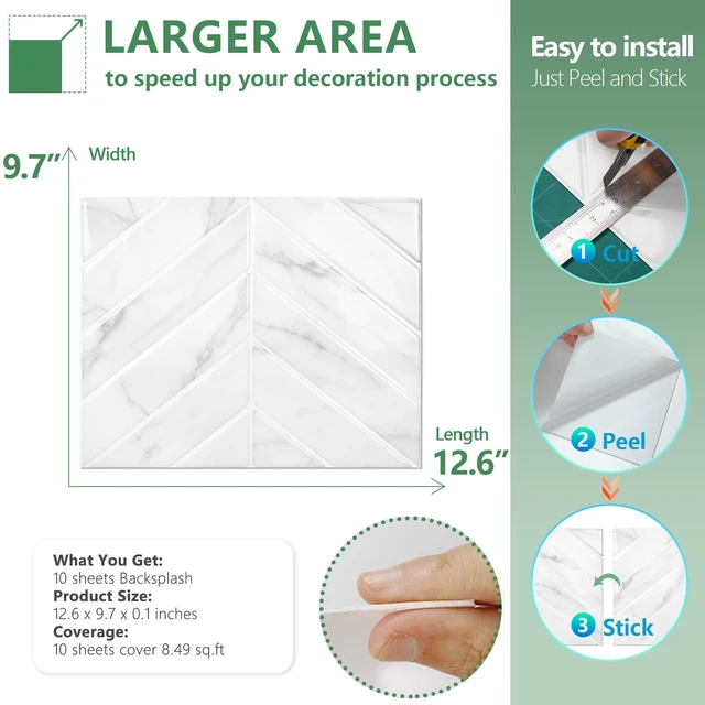 Alt view image 6 of 7 - Herringbone Peel and Stick Backsplash, White Marble, 10 Sheets 12.6 x 9.7 in, Thicker Rectangular Vinyl Stick-On Wall Tiles, Easy Alignment, Waterproof, Easy to Clean, Kitchen/Bathroom