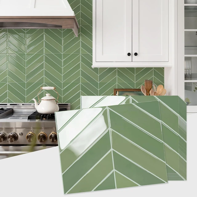 Main image of Herringbone Peel and Stick Backsplash, Olive Green, 10 Sheets 12.6 x 9.7 in, Thicker Rectangular Vinyl Stick-On Wall Tiles, Easy Alignment, Waterproof, Easy to Clean, Kitchen/Bathroom