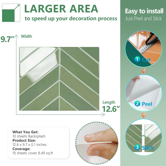 Alt view image 6 of 7 - Herringbone Peel and Stick Backsplash, Olive Green, 10 Sheets 12.6 x 9.7 in, Thicker Rectangular Vinyl Stick-On Wall Tiles, Easy Alignment, Waterproof, Easy to Clean, Kitchen/Bathroom