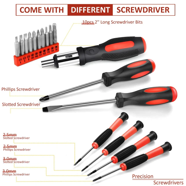 Alt view image 4 of 7 - 148 Pcs Portable Basic Hand Repair Home Tool Kit Set with Case Red with Ratchet Screwdriver & Adjustable Wrench & Water Pump Pliers, for Men Women, for Household House Garage Apartment Dorm