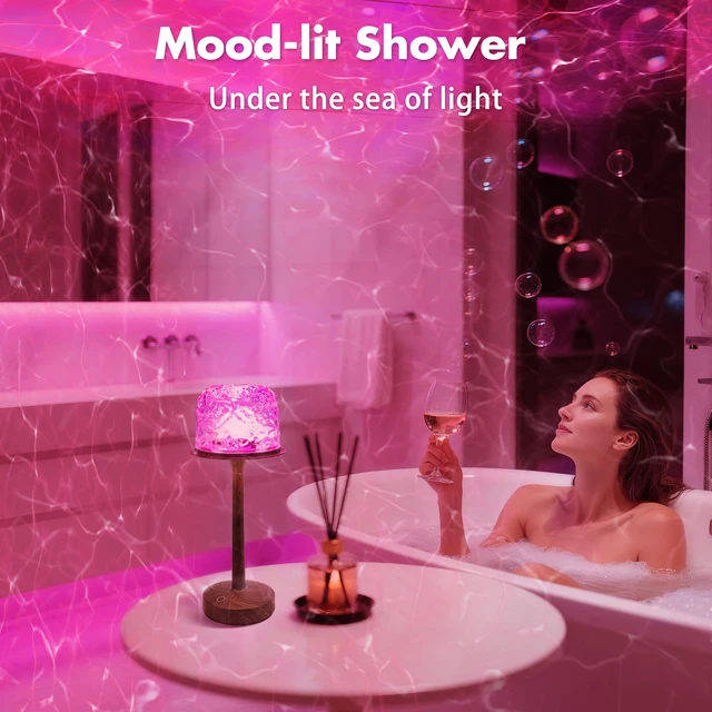 Alt view image 2 of 7 - Waterproof Shower Lamp, Bathroom Lamp with Ocean Wave Projector Walnut Wood Spa-Like Rechargeable Shower Light with Remote&Touch Control Dimmable,16 RGB Color, Cordless Mood Light for Inside Showe