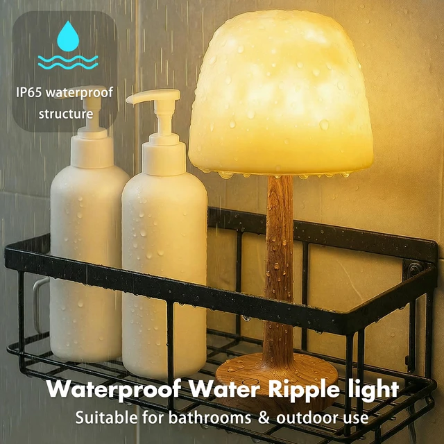 Alt view image 3 of 7 - Waterproof Shower Lamp, Bathroom Lamp with Ocean Wave Projector Walnut Wood Spa-Like Rechargeable Shower Light with Remote&Touch Control Dimmable,16 RGB Color, Cordless Mood Light for Inside Showe