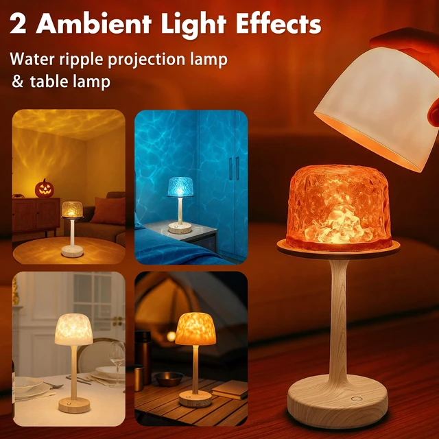 Alt view image 3 of 7 - Waterproof Shower Lamp, Bathroom Lamp with Ocean Wave Projector Wood Grain Spa-Like Rechargeable Shower Light with Remote&Touch Control Dimmable,16 RGB Color, Cordless Mood Light for Inside Showe