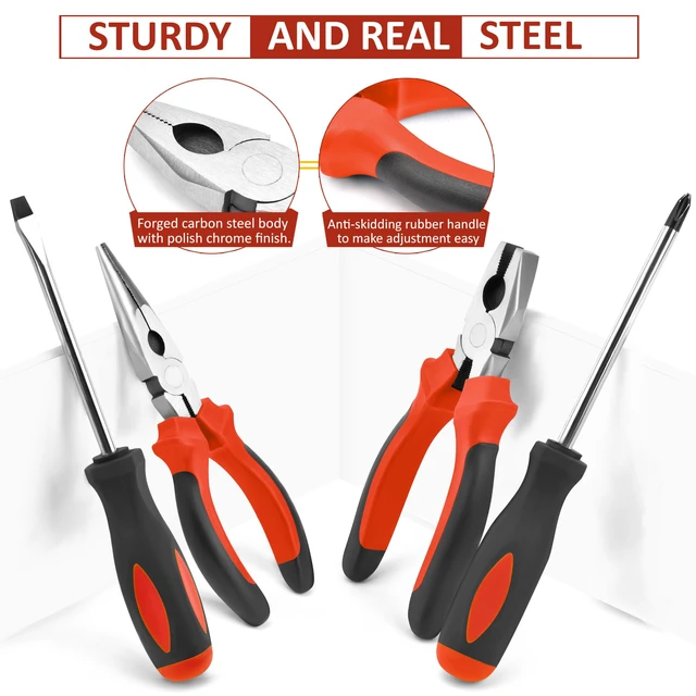 Alt view image 3 of 7 - 148 Pcs Portable Basic Hand Repair Home Tool Kit Set with Case Red with Ratchet Screwdriver & Adjustable Wrench & Water Pump Pliers, for Men Women, for Household House Garage Apartment Dorm