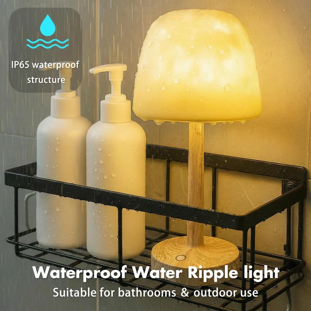 Alt view image 4 of 7 - Waterproof Shower Lamp, Bathroom Lamp with Ocean Wave Projector Wood Grain Spa-Like Rechargeable Shower Light with Remote&Touch Control Dimmable,16 RGB Color, Cordless Mood Light for Inside Showe