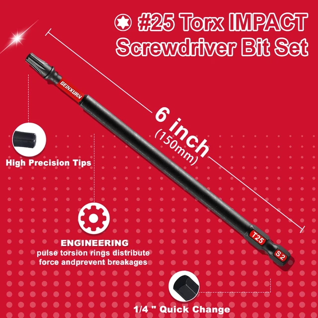 Alt view image 3 of 7 - 20Pack Impact Tough #25 Torx 6 in. Insert Driver Bits, Magnetic T25 Head Power Bits, S2 Alloy Steel T25 Screwdriver Bits Set Bulk
