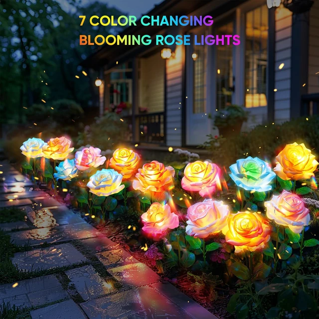 Alt view image 2 of 6 - 6-Pack Solar Flowers Outdoor Waterproof - Solar Garden Lights Yard Decor 7 Color Changing, Artificial Roses, IP65 Waterproof, Easy to Install, Auto On/Off, 800mah Battery Lasts 12hrs, No Wiring
