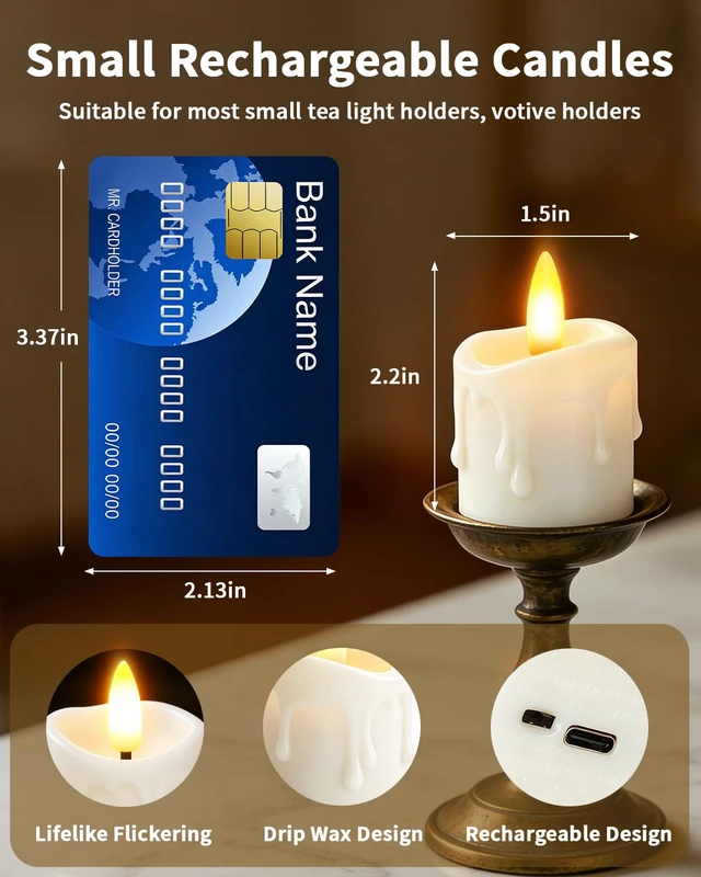 Alt view image 2 of 7 - 12 Pack Small Rechargeable Flameless Candles with Remote Timer 1.5"x2" LED Tea Lights Flickering Mini Candles Battery Operated Votive Fake Candles for Halloween Wedding Party Table Decor