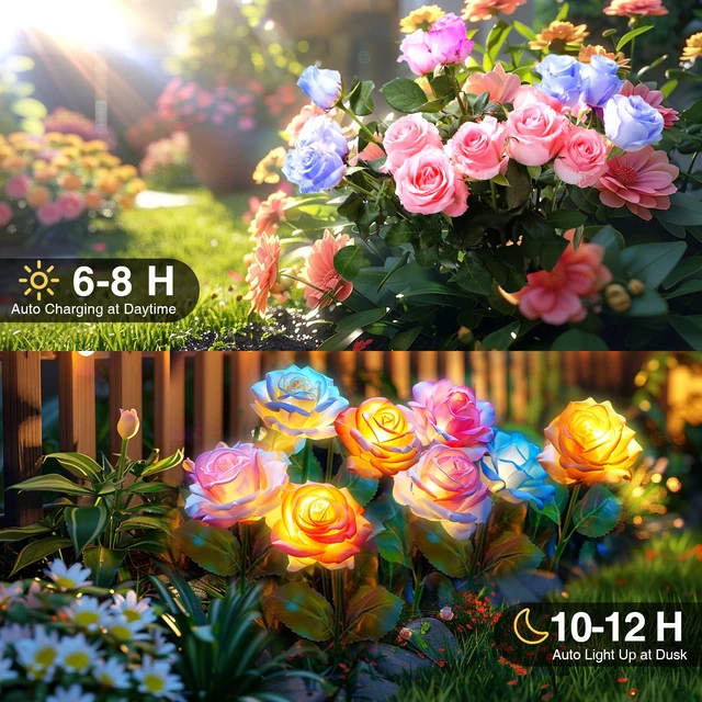 Alt view image 3 of 6 - 6-Pack Solar Flowers Outdoor Waterproof - Solar Garden Lights Yard Decor 7 Color Changing, Artificial Roses, IP65 Waterproof, Easy to Install, Auto On/Off, 800mah Battery Lasts 12hrs, No Wiring