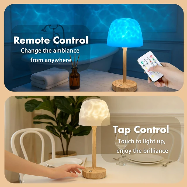 Alt view image 5 of 7 - Waterproof Shower Lamp, Bathroom Lamp with Ocean Wave Projector Wood Grain Spa-Like Rechargeable Shower Light with Remote&Touch Control Dimmable,16 RGB Color, Cordless Mood Light for Inside Showe