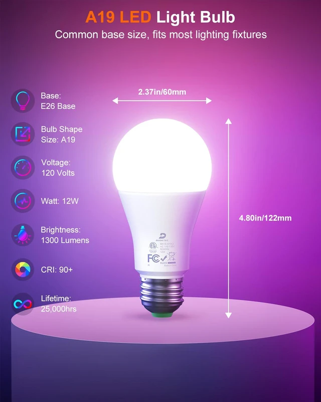 Alt view image 7 of 7 - LED Color Changing Light Bulb, 100 Watt Equivalent 1300 Lumen, A19 Light Bulbs with Remote Control, E26 Standard Base, 2700K-6000K, 5 Modes, Timer, RGB Lightbulb for Home, 12W (6 Pack)