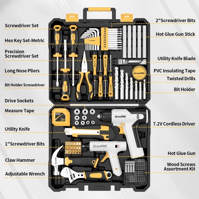 Alt view image 2 of 7 - 188PCS Yellow Cordless Drill Tool Set For Men Tool Kit For Home Box All-In-One Basic Household Tool Box, Glue Gun Accessories DIY, CR-V Steel, Sturdy Storage Case Auto Repair Kit For Men