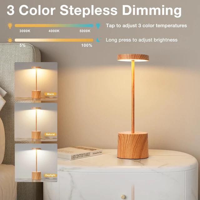 Alt view image 4 of 7 - Wooden Rechargeable Cordless Lamp - Touch Control, 3 Color Temperature, LED Outdoor Wireless Lamp, Battery Operated Lamps, Stepless Dimmable, Set of 2