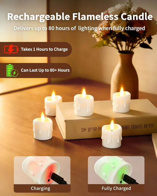 Alt view image 6 of 7 - 12 Pack Small Rechargeable Flameless Candles with Remote Timer 1.5"x2" LED Tea Lights Flickering Mini Candles Battery Operated Votive Fake Candles for Halloween Wedding Party Table Decor
