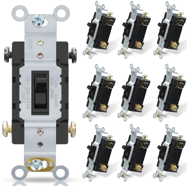Main image of 4-Way Toggle Light Switch - 15A, 120-277V, Quiet Toggle Framed AC Switch - In-Wall On/Off, Self-Grounding, Residential/Commercial Grade, UL Listed (10 Pack, Glossy Black)
