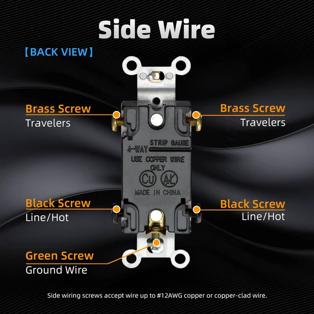 Alt view image 3 of 7 - 4-Way Toggle Light Switch - 15A, 120-277V, Quiet Toggle Framed AC Switch - In-Wall On/Off, Self-Grounding, Residential/Commercial Grade, UL Listed (10 Pack, Glossy Black)