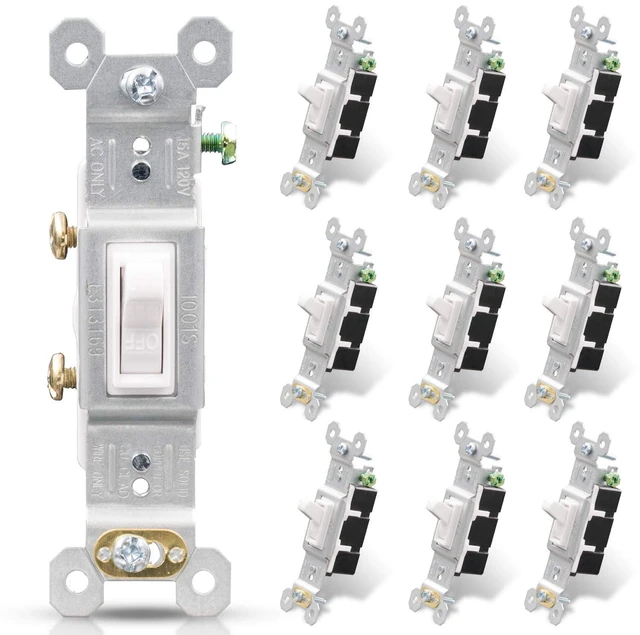 Main image of Single Pole Toggle Light Switch, 15 Amp, 120 Volt, Toggle Framed AC Quiet, in Wall On/Off Switch Replacement, Self-Grounding, Residential and Commercial Grade, UL (10 Pack, Glossy White)